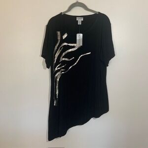 NWT Chico's Travelers Beaded Abstract Art Wrinkle Free Top Asymmetric Hem Sz 3